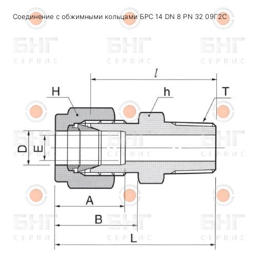 Соединение с обжимными кольцами БРС 14 DN 22 PN 32 10Х18Н10Т чертеж