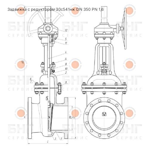 Задвижка с редуктором 30с541нж DN 350 PN 16 чертеж